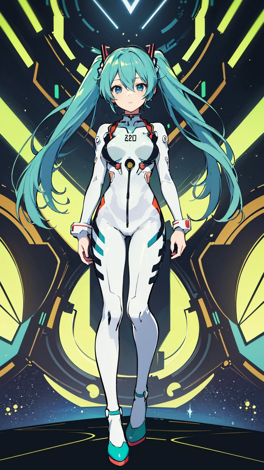 ((((masterpiece, high quality, very_high_resolution, anime colored, Elaborate design, visual art, high quality)))), 1girl, ((((hatunemiku VOCALOID twintails)))), turquoise hair, huge breasts, (((NEON GENESIS EVANGELION plugsuit))), 1girl, Interface Headsets, ((color of clothes: white blue-green))), in room, beautiful art, puragusu-tu, plug suit, high heels