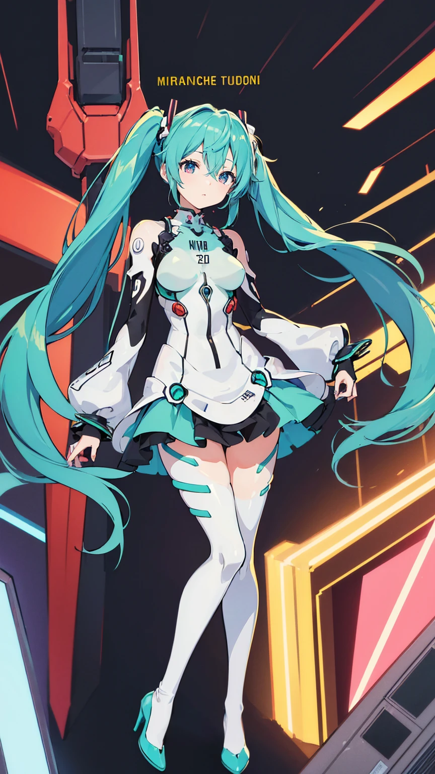 ((((masterpiece, high quality, very_high_resolution, anime colored, Elaborate design, visual art, high quality)))), 1girl, ((((hatunemiku VOCALOID twintails)))), turquoise hair, huge breasts, (((NEON GENESIS EVANGELION plugsuit))), 1girl, Interface Headsets, ((color of clothes: white blue-green))), in room, beautiful art, puragusu-tu, plug suit, high heels