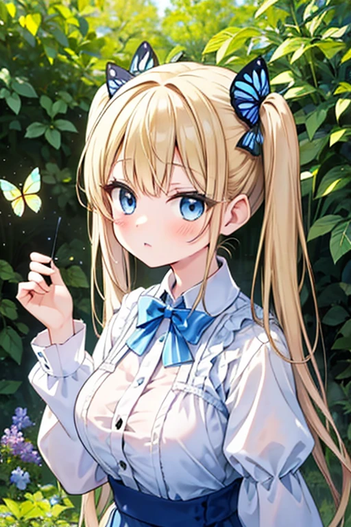 blonde blue eyes、ta、large breasts、twin tails、female brat,Have a bug trap,Beetle,insect collecting,Butterfly net,