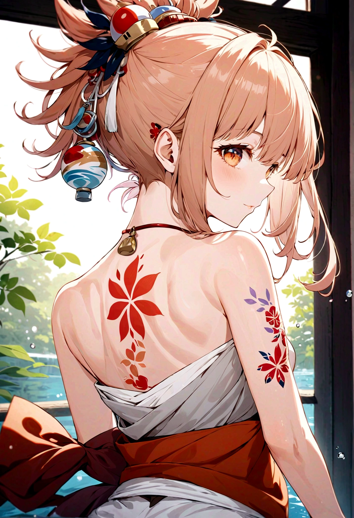 masterpiece, best quality, high resolution,Genshin Impact ,Yoimiya, 1 Girl,Back tattoo,look back,