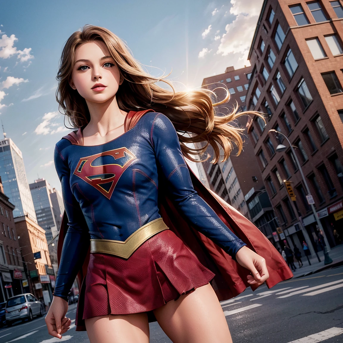 ((best quality)), ((highly detailed)), masterpiece, absurdres, (detailed eyes, deep eyes), (1girl), dutch_angle, upper body, Supergirl, brown hair, long hair, blue eyes, medium breasts, smiling, red skirt, red cape, red boots, blue bodysuit, long sleeves, body suit, skindentation, buildings, sky, clouds, sun light, hands behind back