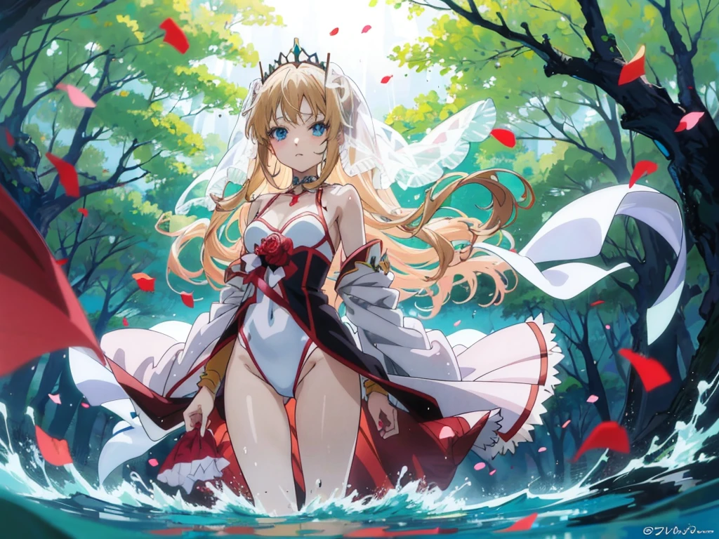 (Anime:1.8), 1girl, standing floating on the water surface, Tiptoe, blonde hair, blue eyes, wedding swimsuit, tiara, Bride Veil, holding a rose, 16-yo,
fantasy forest:1.6, sunlight, drizzle rain, girl in return, fluttering grass, wind,
flowing hair and long robes, cloth fluttering in the wind, confetti,