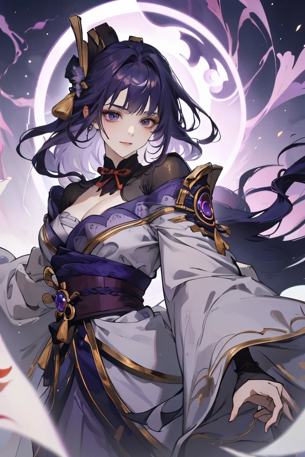 Best quality at best, Ultra-high resolution, (((1 girl))),(Long purple hair), (violet eyes), (Chinese clothes), Smile, Hanfu, Yarn, Flowing light yarn, jewelry, (focal), (((Colorful))), particle fx , tmasterpiece, Best quality at best, beautiful painted, meticuloso, highly detailed, (tmasterpiece, Best quality at best） CG unified 8K wallpaper，tmasterpiece，Best quality，ultra - detailed）, Super HD picture quality