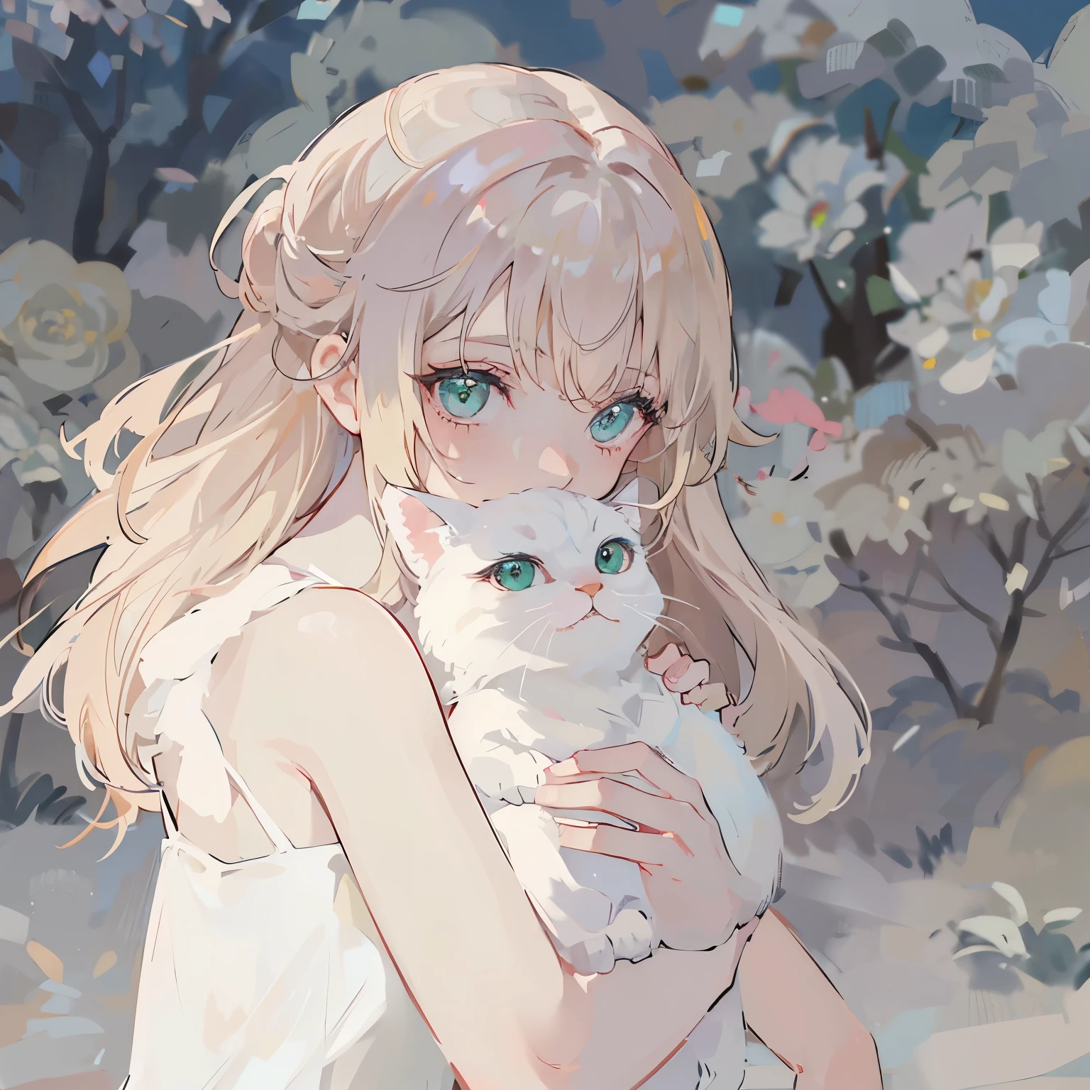 A beautiful, serene half-body illustration of a young woman with light blonde, wavy hair holding a white cat. The woman has green eyes and delicate features, looking gently at the viewer. The cat has green eyes, adding to their harmonious appearance. The background is soft and minimalistic, with a warm, calming color palette. The scene is a close-up shot, focusing on the woman's upper body and face, with the cat nestled comfortably in her arms. The scene on the left side, include a cozy room with soft lighting and elegant furniture. On the right side, add a small table with a vase of fresh flowers, maintaining the tranquil and intimate mood. The overall style should be consistent with a warm, peaceful, and gentle atmosphere.