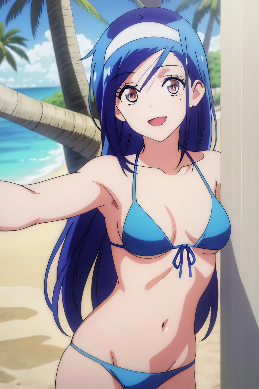 1girl,alone,minami,nanami,best quality,(masterpiece:1.2),detailed,smile,closed mouth, blue hair, blue eyes, long hair, ponytail, blue bikini, blue bra, blue thong, big breasts, medium waist, wide hips, medium thighs, round butt, beach, sea, sunny, good lighting, standing in the sand, seductive, smiling, mouth closed, looking at viewer, looking back, from behind, ass focus, pov ( from below), good lighting, perfect anatomy, perfect hands,
