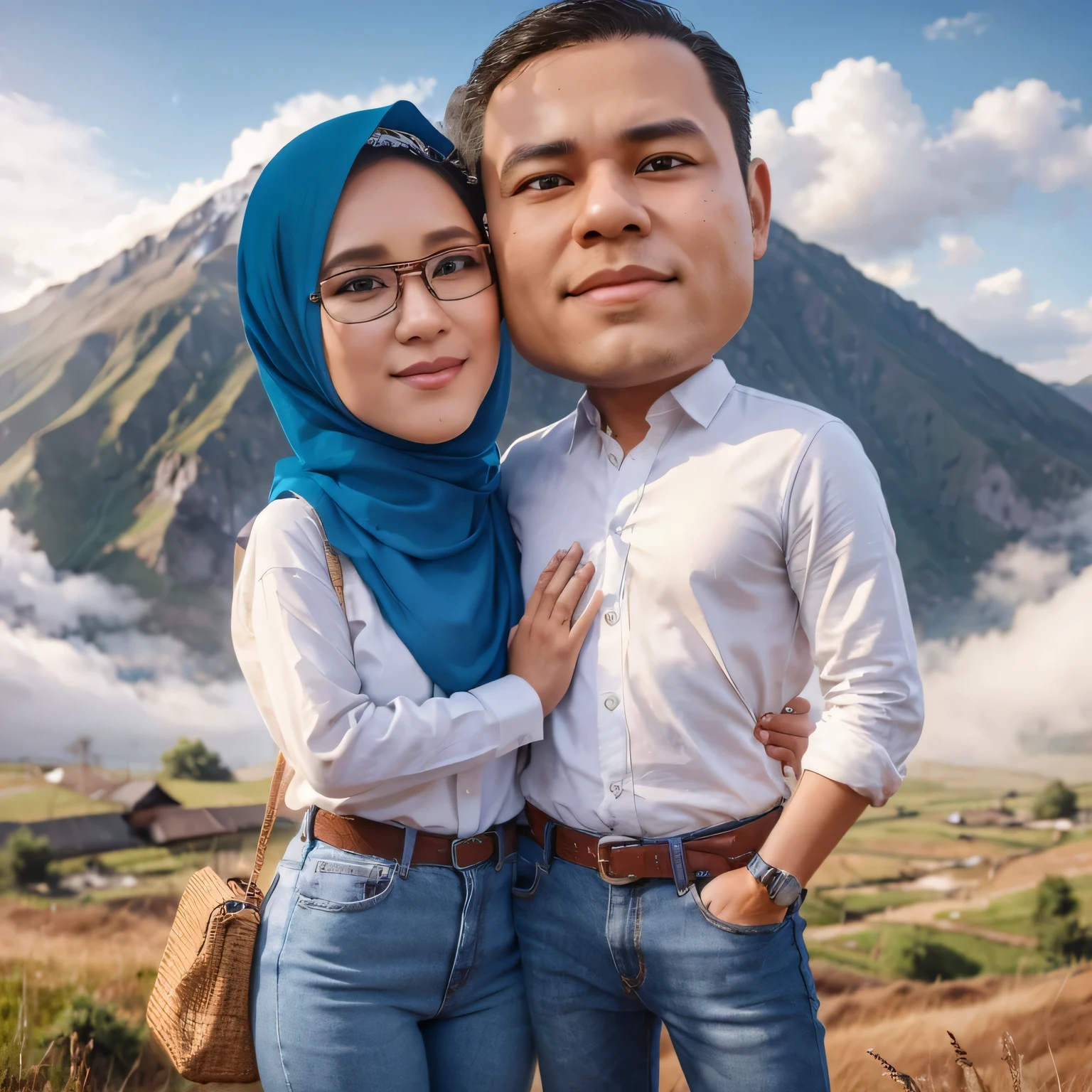 Indonesian husband and wife faces, wife wearing hijab, casual clothes, white shirt and blue jeans, embracing each other, intimate, mountain background, caricature style, 3d render