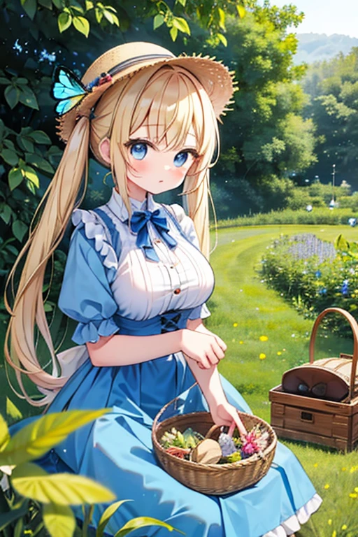 blonde blue eyes、Lolita、large breasts、twin tails、female brat,Have a bug trap,Beetle,insect collecting,Butterfly net,straw hat,