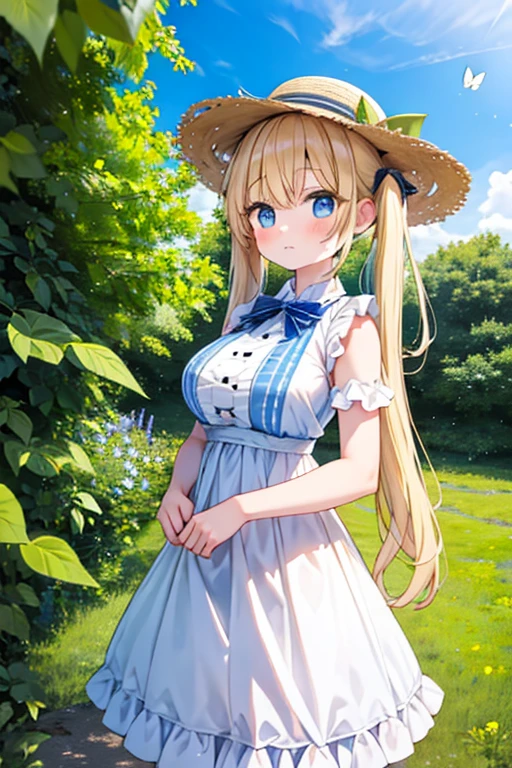 Highest quality,masterpiece,8k,Anime Style,Blonde with blue eyes、camisole、White camisole dress mini skirt,Cleavage,Side view,Large Breasts、Twin tails、Light blue eyes,Cute eyes,Sun hat(Sun hat),Japanese Festivals,Stall,evening,Smooth thighs,Accentuate your breasts,