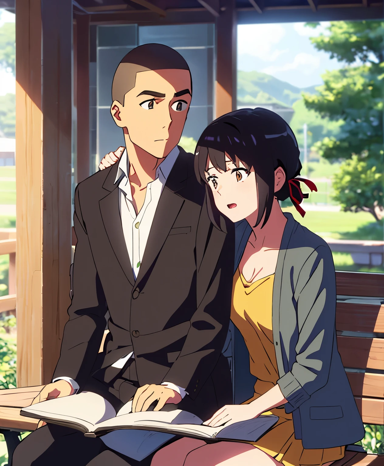 shinkai makoto, kimi no na wa., {1boy, buzzcut, black jacket, }  boy buzzcut passionate hug, buzzcut boy is hugging from behind, 1girl, black hair, brown eyes, open mouth, short hair, har band, hair ribbon, yellow cardigan, cleavage, white dress skirt, perfect anatomy, cowboyshot, sit on bench chair, reading a book, outdoors, school university, sky, school building, 