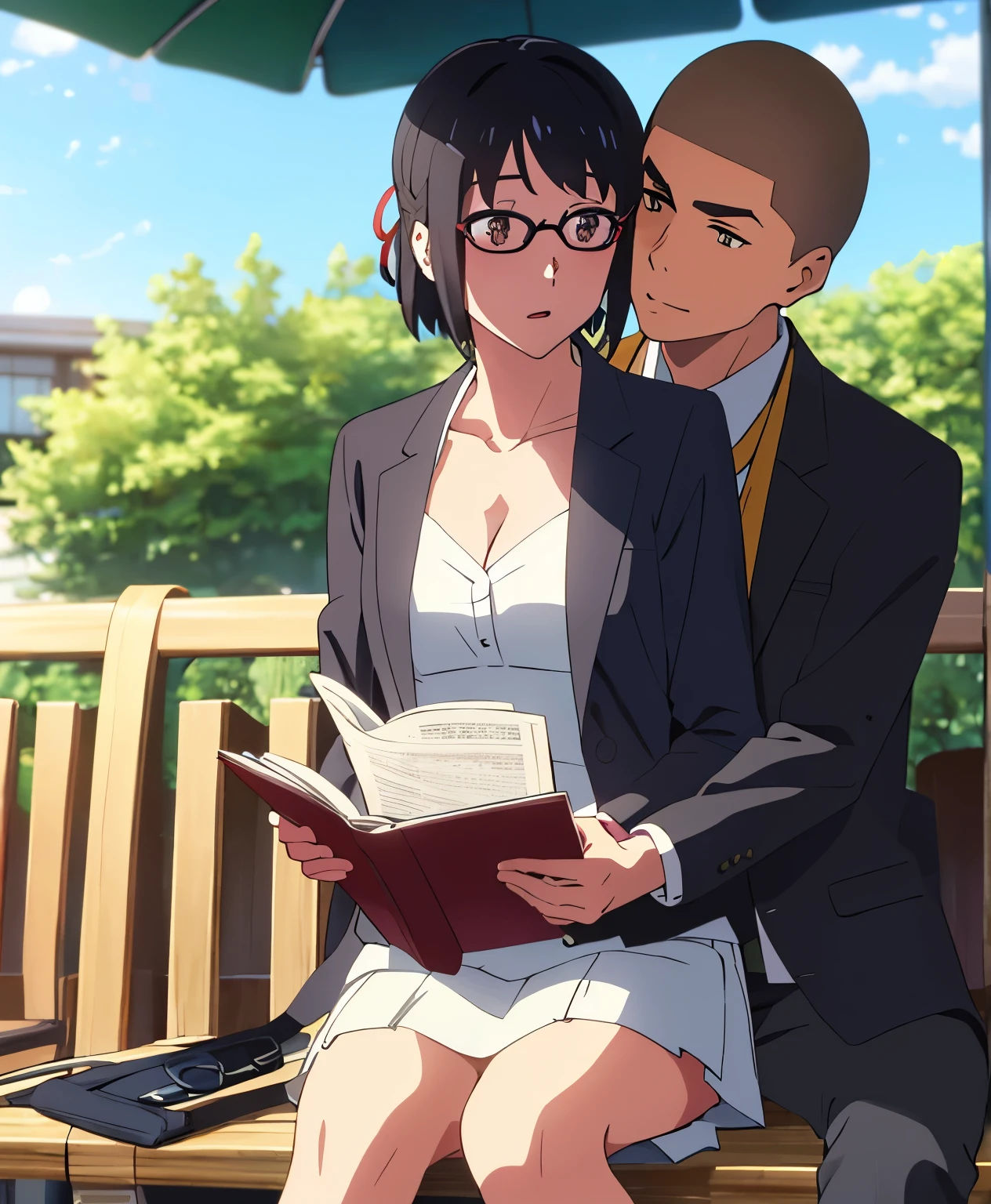 shinkai makoto, kimi no na wa., 1boy, buzzcut, black jacket, boy buzzcut passionate hug, buzzcut boy is hugging from behind, 1girl, black hair, brown eyes, eyeglasses, open mouth, short hair, har band, hair ribbon, yellow cardigan, cleavage, white dress skirt, perfect anatomy, cowboyshot, sit on bench chair, reading a book, outdoors, school university, sky, school building,