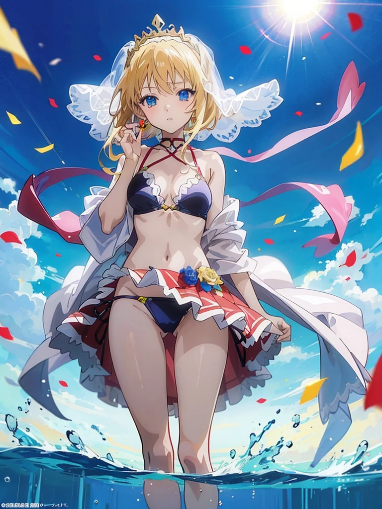 (Anime:1.8), megami magazine, (masterpiece, top quality:1.4), 1girl, standing floating on the water surface, Tiptoe, blonde hair, blue eyes, frilled bikini wedding  gown, swimsuit, sarong, tiara, Bride Veil, holding a rose, 16-yo,
fantasy forest:1.6, sunlight, drizzle rain, girl in return, fluttering grass, wind,
flowing hair and long robes, cloth fluttering in the wind, confetti, 