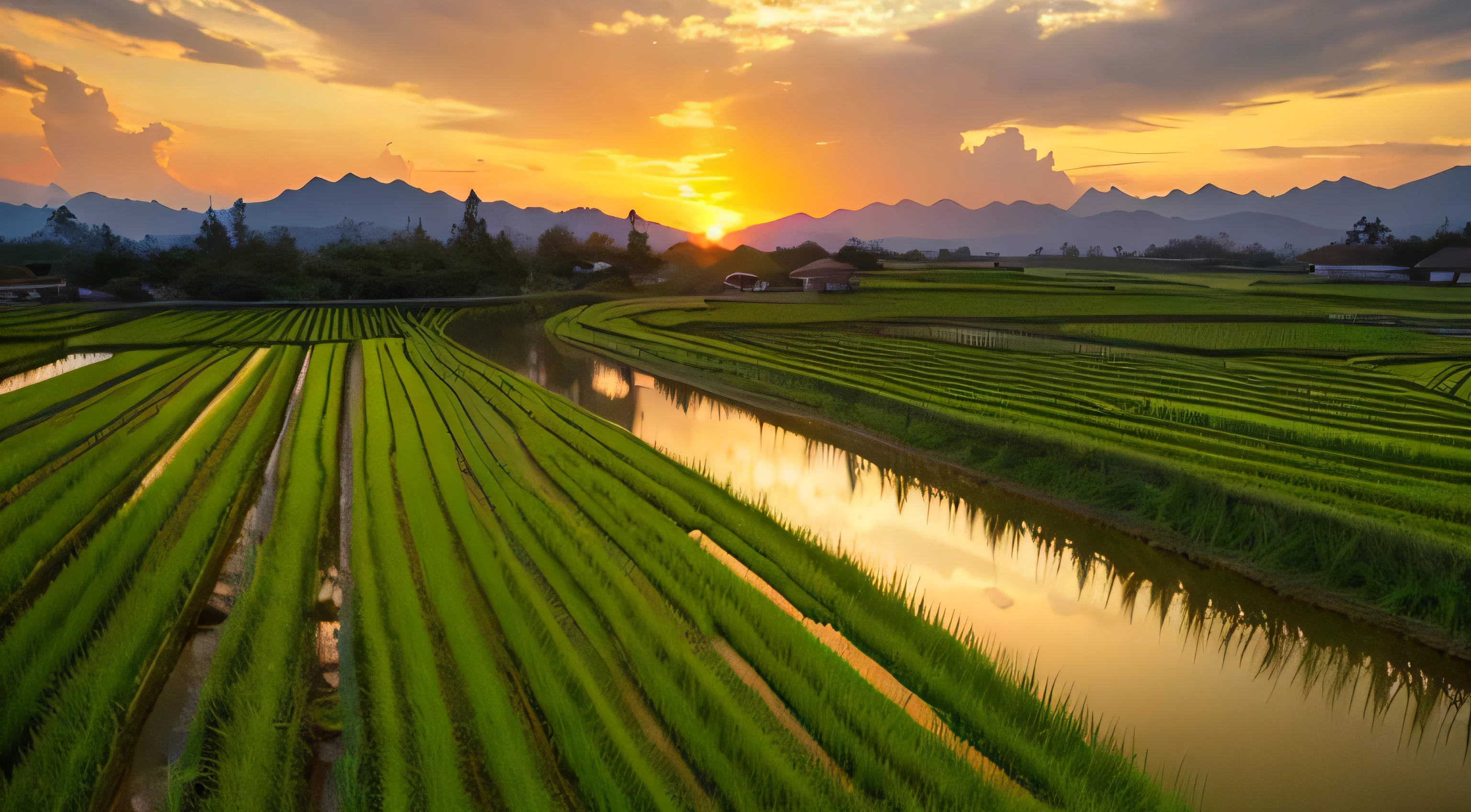 Beautiful scenery with the sunset reflected in the rice fields。The golden scenery of the sunset and rice fields unfolds before your eyes.。In a quiet rural setting、Overall a warm and relaxed atmosphere,The atmosphere seen from the heights,The rice has not yet grown and has just been planted.,The water in the rice paddies reflects the sky