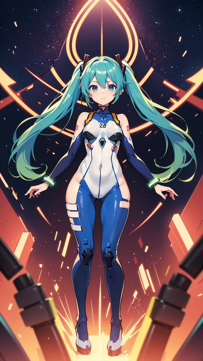 ((((masterpiece, high quality, very_high_resolution, anime colored, Elaborate design, visual art, high quality)))), 1girl, ((((hatunemiku VOCALOID twintails)))), turquoise hair, huge breasts, (((NEON GENESIS EVANGELION plugsuit))), 1girl, Interface Headsets, ((color of clothes: white blue-green))), in room, beautiful art, puragusu-tu, plug suit, high heels