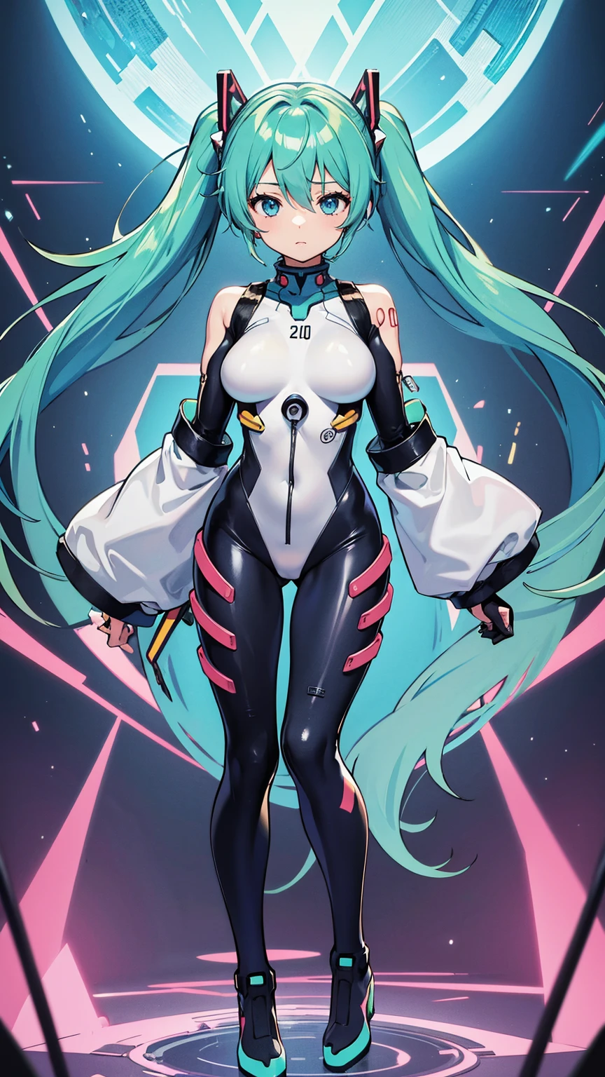 ((((masterpiece, high quality, very_high_resolution, anime colored, Elaborate design, visual art, high quality)))), 1girl, ((((hatunemiku VOCALOID twintails)))), turquoise hair, huge breasts, (((NEON GENESIS EVANGELION plugsuit))), 1girl, Interface Headsets, ((color of clothes: white blue-green))), in room, beautiful art, puragusu-tu, plug suit, high heels