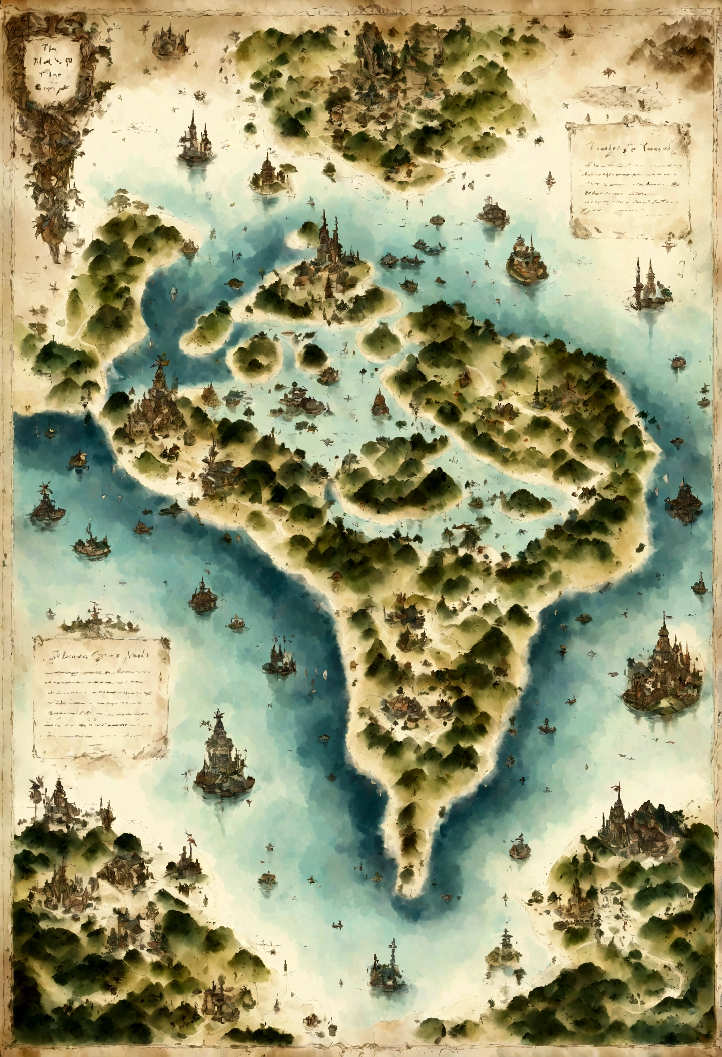 The map of the fantasy world, four continents and an Archipelago with a lot of islands