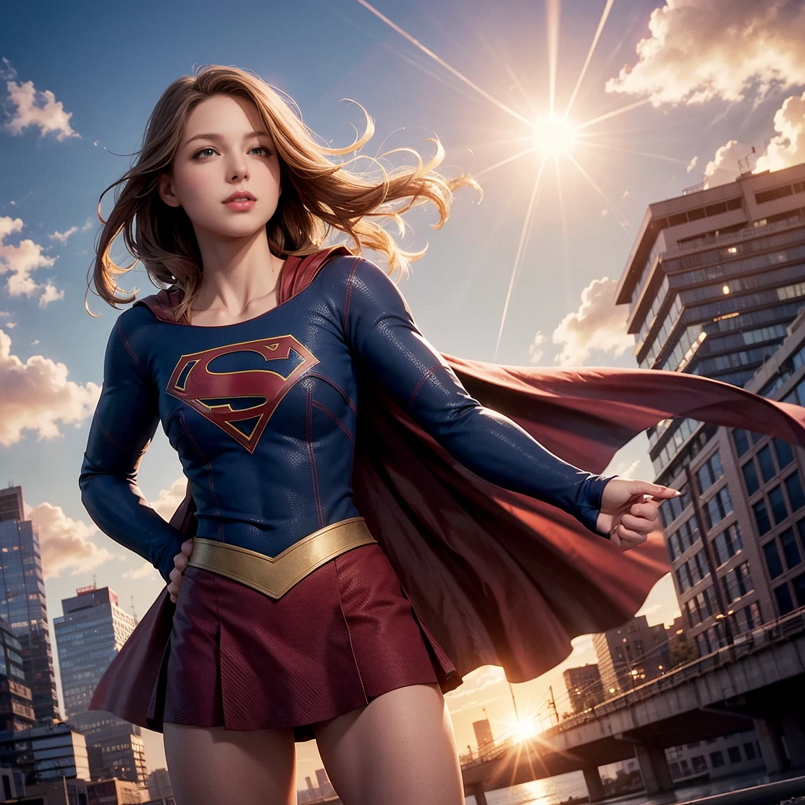 solo, 1girl, m3l1ss, supergirl, brown hair, s0p3r6m3l1s4-smf, blue eyes, blue bodysuit, long sleeves, red cape, realistic, bodysuit, animification, skirt, flying, buildings, sky, clouds, sun light, hands on hips