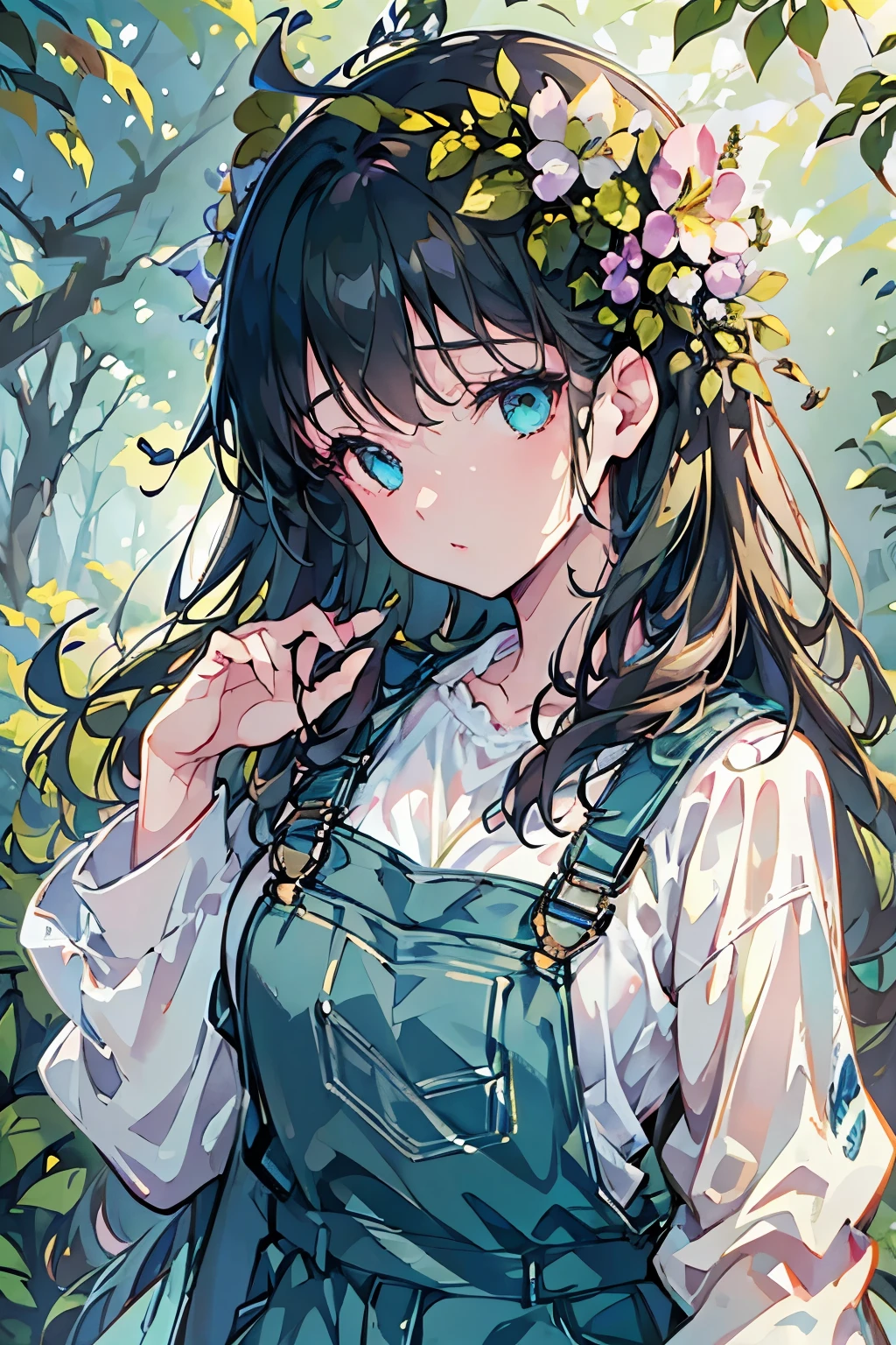 a girl in overalls, beautiful detailed eyes, beautiful detailed lips, extremely detailed face, longeyelashes, standing in a lush green forest with sunlight filtering through the leaves, intricate detailed foliage, detailed mossy rocks, detailed butterflies flying around, photorealistic, 8k, high quality, cinematic lighting, vibrant colors, warm color palette