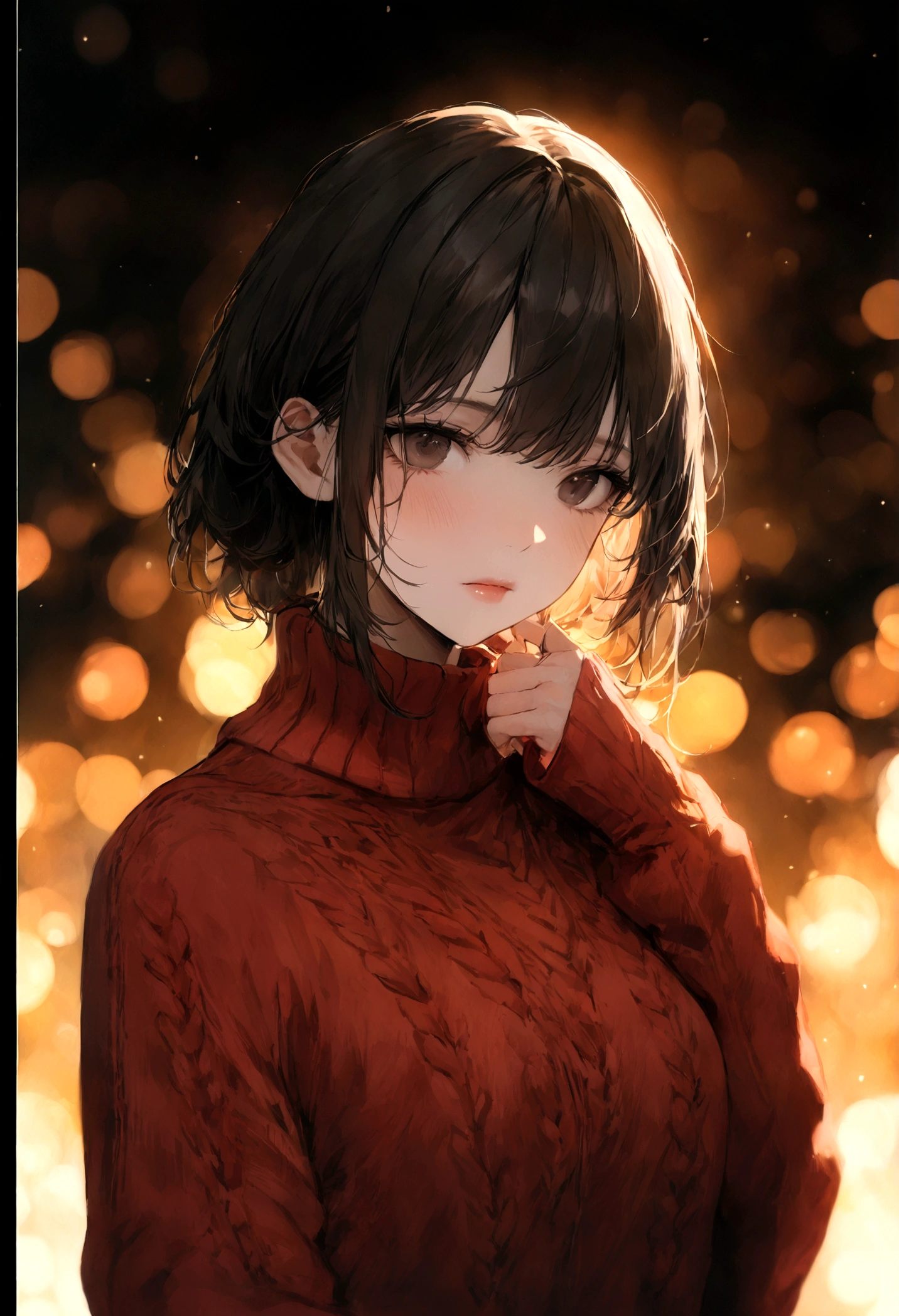 (Very beautiful woman in a very coarse knit winter cashmere red sweater. (n4t3mm:0.99), Japanese adult women dressed as movie stars, Movie preview, Dark mood (masterpiece:1.2) (Realistic:1.2) (Bokeh) (Best image quality) (Intricate details) (night) (8k) (High resolution) (Cinema Lighting) (Sharp focus), ((Bust shot portrait:1.2))), black_eye, low_slanting shot, (masterpiece,Best image quality:1.4))), Long sweater hiding white panties,