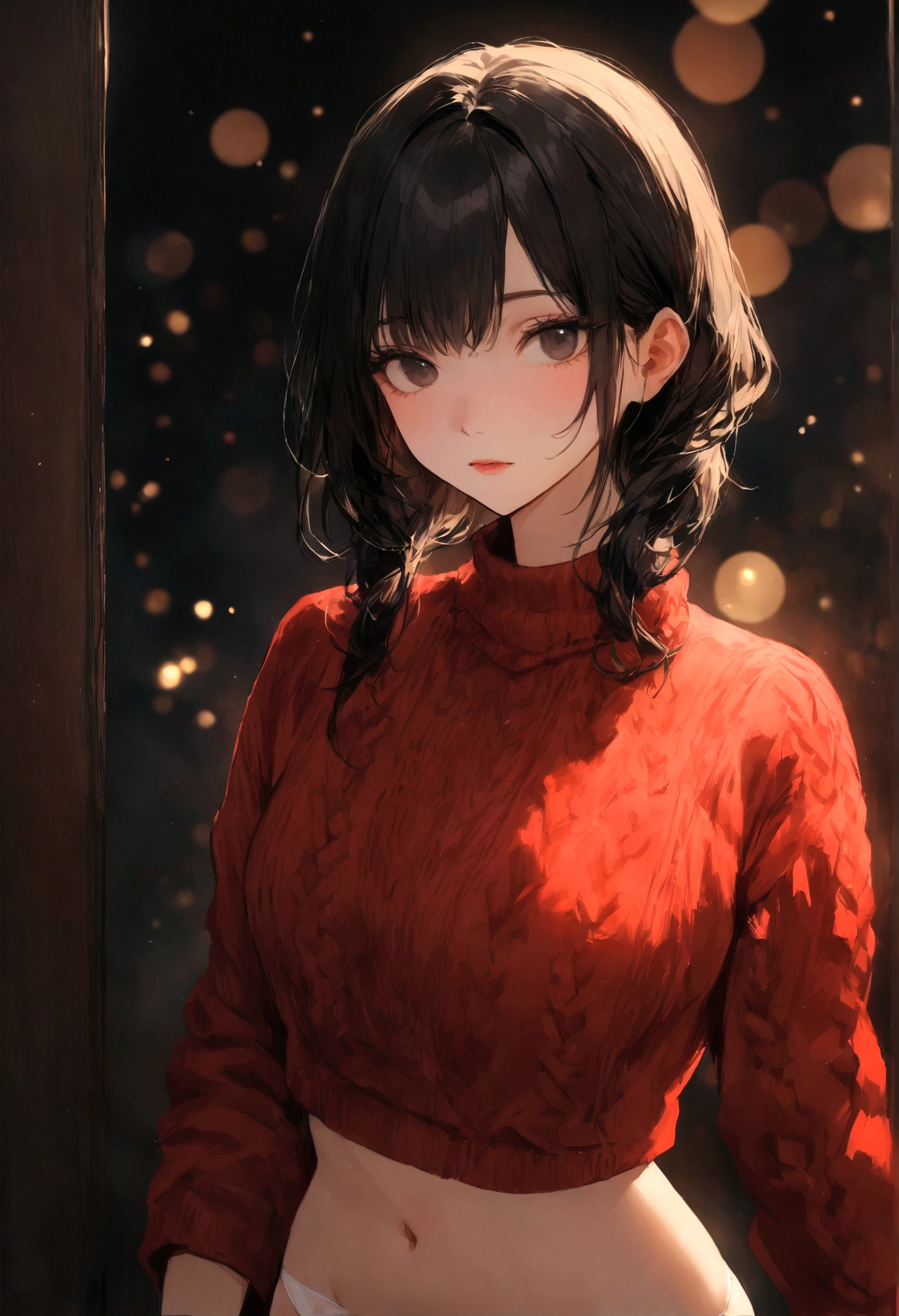(Very beautiful woman in a very coarse knit winter cashmere red sweater. (n4t3mm:0.99), Japanese adult women dressed as movie stars, Movie preview, Dark mood (masterpiece:1.2) (Realistic:1.2) (Bokeh) (Best image quality) (Intricate details) (night) (8k) (High resolution) (Cinema Lighting) (Sharp focus), ((Bust shot portrait:1.2))), black_eye, low_slanting shot, (masterpiece,Best image quality:1.4))), Long sweater hiding white panties,
