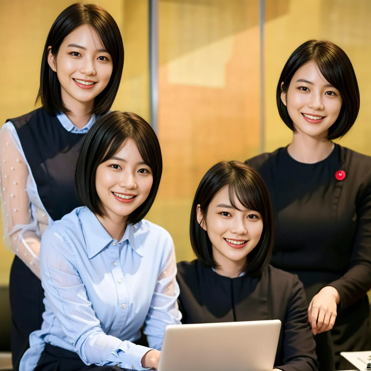 Highest quality, Ultra A high resolution, (Realistic: 1.4), RAW photo, Rich colors, Two Japanese people sitting in a conference room with a laptop, Business women, Office scene, Marketing photo, People at work, (Black short hair, Bob hair, Teamwork, Smiling warmly, Gathering together,