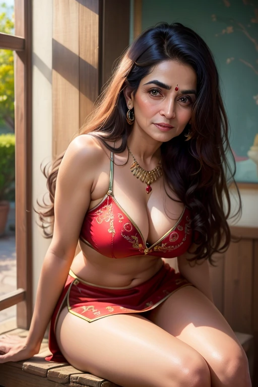 ((best quality)), ((masterpiece)), (detailed), perfect face background change, cute indian old aunty ,real face, 8k Ultra realistic,original face,original dress, in mini skirt beautiful body shape, long hair, glossy lips, leaning forward