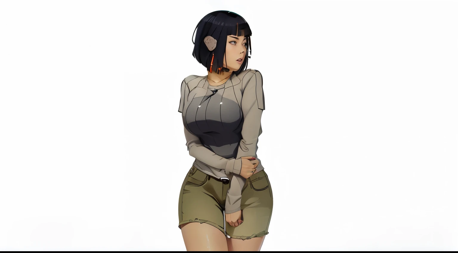 parte mestre, absurdos, Hinata\(boruto\), 1 garota, Sozinho,mulher madura, capuz roxo,mangas em camadas, short jeans marrom sexy, ao ar livre, cloudy sky, perfect composition, circumstantial lips, peito grande, Bonito rosto, Body Proportion, corar, (pink lips), pelo negro corto (PELO NEGRO), olhos lilases, smooth appearance, super realista, circunstanciado, photoshoot, rosto e corpo realistas, cabelo realista, olhos realistas, nariz realista, realistic lips, jeans marrom, animado, dancing lightly. nas suas costas, com o queixo sob o ombro, looking back sensually, sorriso sexy, boca cerrada. pose diferente.
