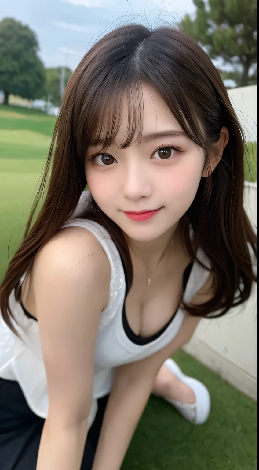 Tabletop, highest quality, shape, Very detailed, finely, High resolution, 8k wallpaper, 完璧なダイナミックな構shape, Beautiful and exquisite,ランダムなcute髪,,Natural color lip、20-year-old girl、cute、Looking into the camera,Always blur the background,Perfect and beautiful face,Slim face and figure,Big eyes、Putting on gal makeup,Small face,Shooting from below、Blurred Background,Elegant feminine face、Cyberpunk Fashion、smile、Change pose randomly、Randomly change the shooting angle and position、Enjoy golf