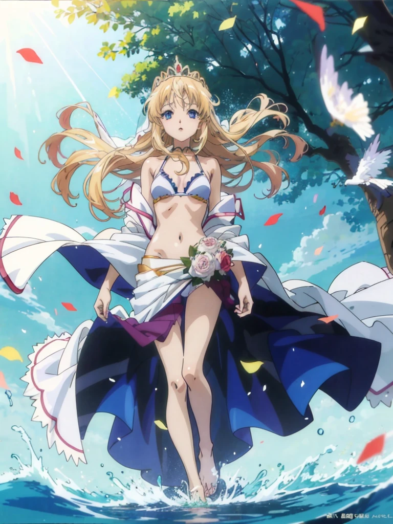 (Anime:1.8), megami magazine, (masterpiece, top quality:1.4), 1girl, standing floating on the water surface, Tiptoe, blonde hair, blue eyes, white frilled bikini wedding  gown, swimsuit, sarong, tiara, Bride Veil, holding a rose, 16-yo,
fantasy forest:1.6, sunlight, drizzle rain, girl in return, fluttering grass, wind,
flowing hair and long robes, cloth fluttering in the wind, confetti, 