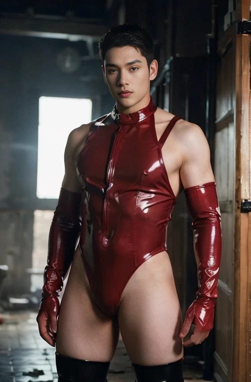 Japan man,Man,Youth,Best quality, crisp quality, Masterpiece, Highest resolution, Highly detailed, Red latex ,One-piece latex leotard,Tight latex ,No zipper,love heart,chest muscle,Full-body muscular figure,night club,mtu,Gay,head to toe,toeless legwear,mitts,Collar ,only boy , only male, buzz cut hairstyle , wide pelvis , wide hips , phat hips , thick thighs, (((only male , only boy)))