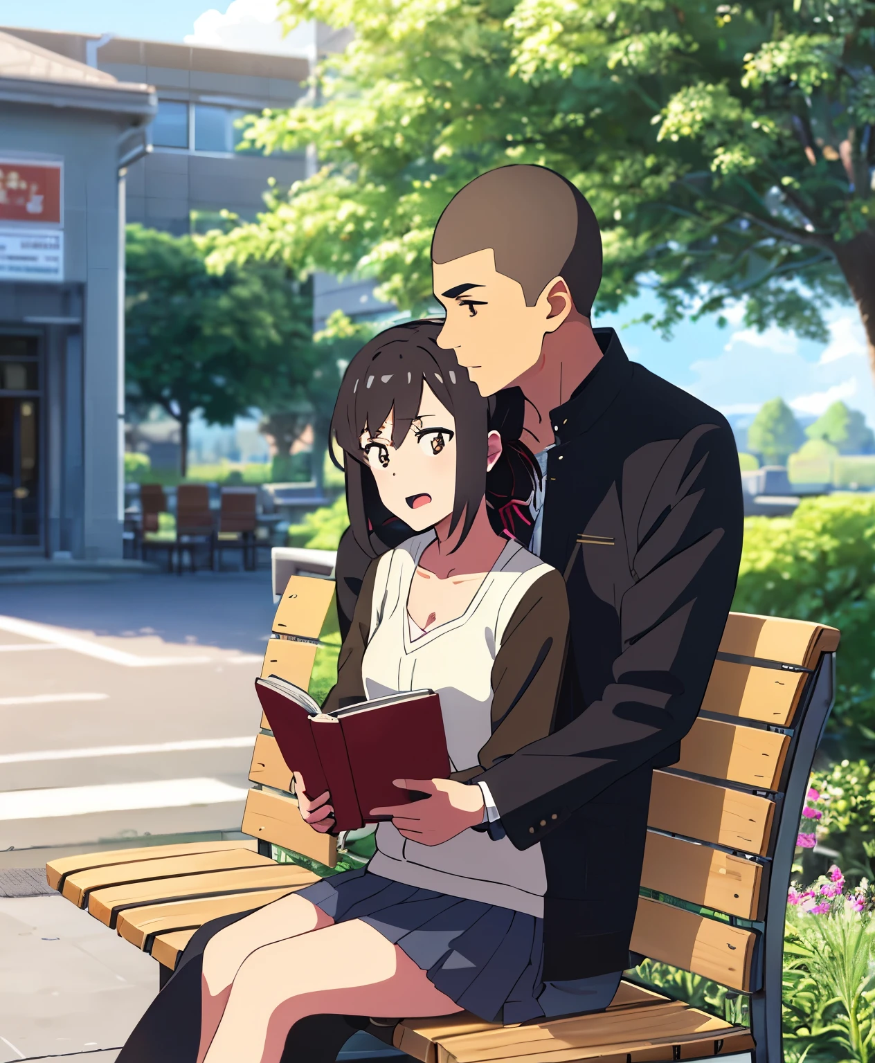shinkai makoto, kimi no na wa., 1boy, buzzcut, black jacket, boy buzzcut passionate hug, buzzcut boy is hugging from behind, 1girl, black hair, brown eyes, eyeglasses, open mouth, short hair, har band, hair ribbon, yellow cardigan, cleavage, white dress skirt, perfect anatomy, cowboyshot, sit on bench chair, reading a book, outdoors, school university, sky, school building,