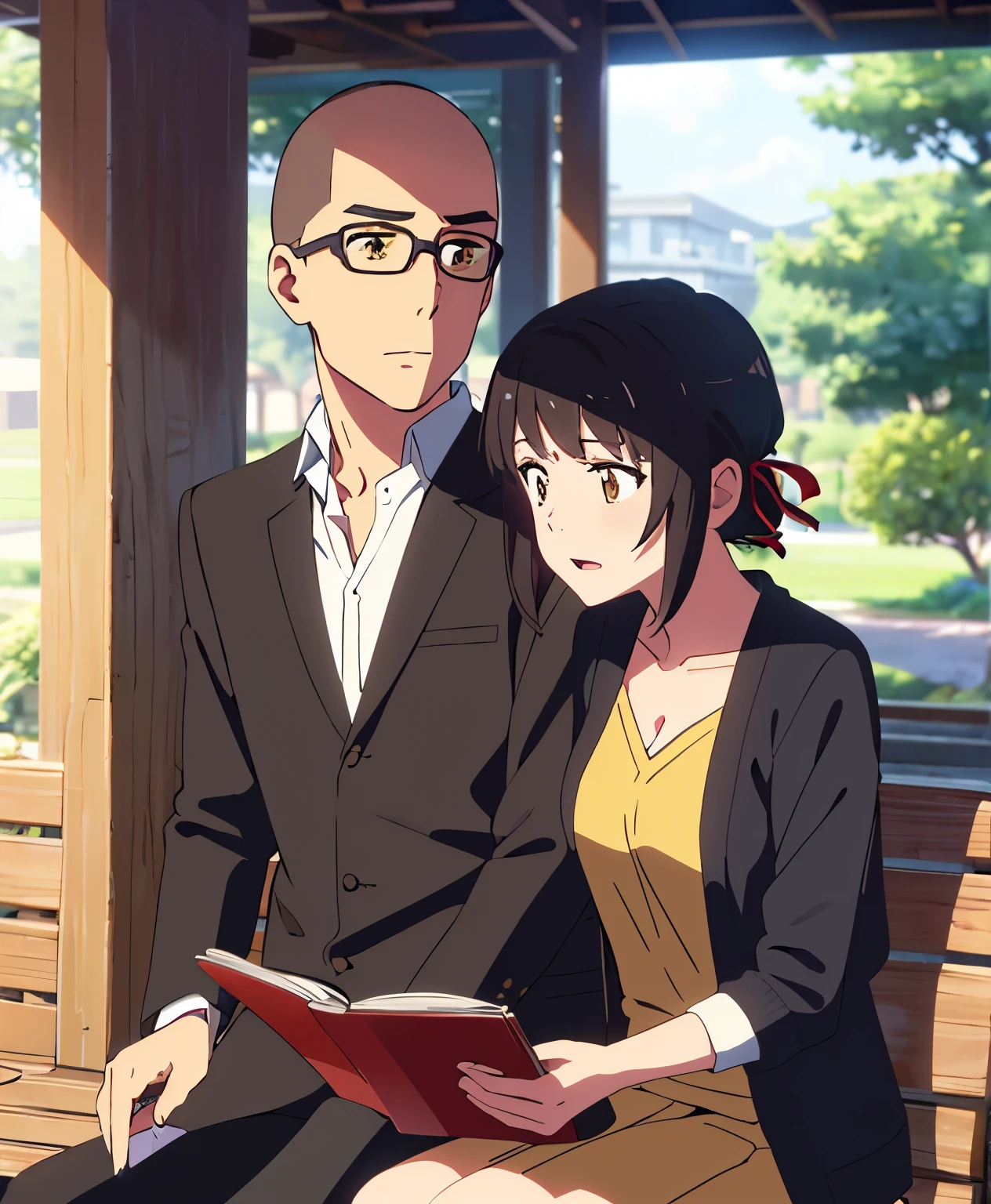 shinkai makoto, kimi no na wa., 1boy, buzzcut, black jacket, boy buzzcut passionate hug, buzzcut boy is hugging from behind, 1girl, black hair, brown eyes, eyeglasses, open mouth, short hair, har band, hair ribbon, yellow cardigan, cleavage, white dress skirt, perfect anatomy, cowboyshot, sit on bench chair, reading a book, outdoors, school university, sky, school building,
