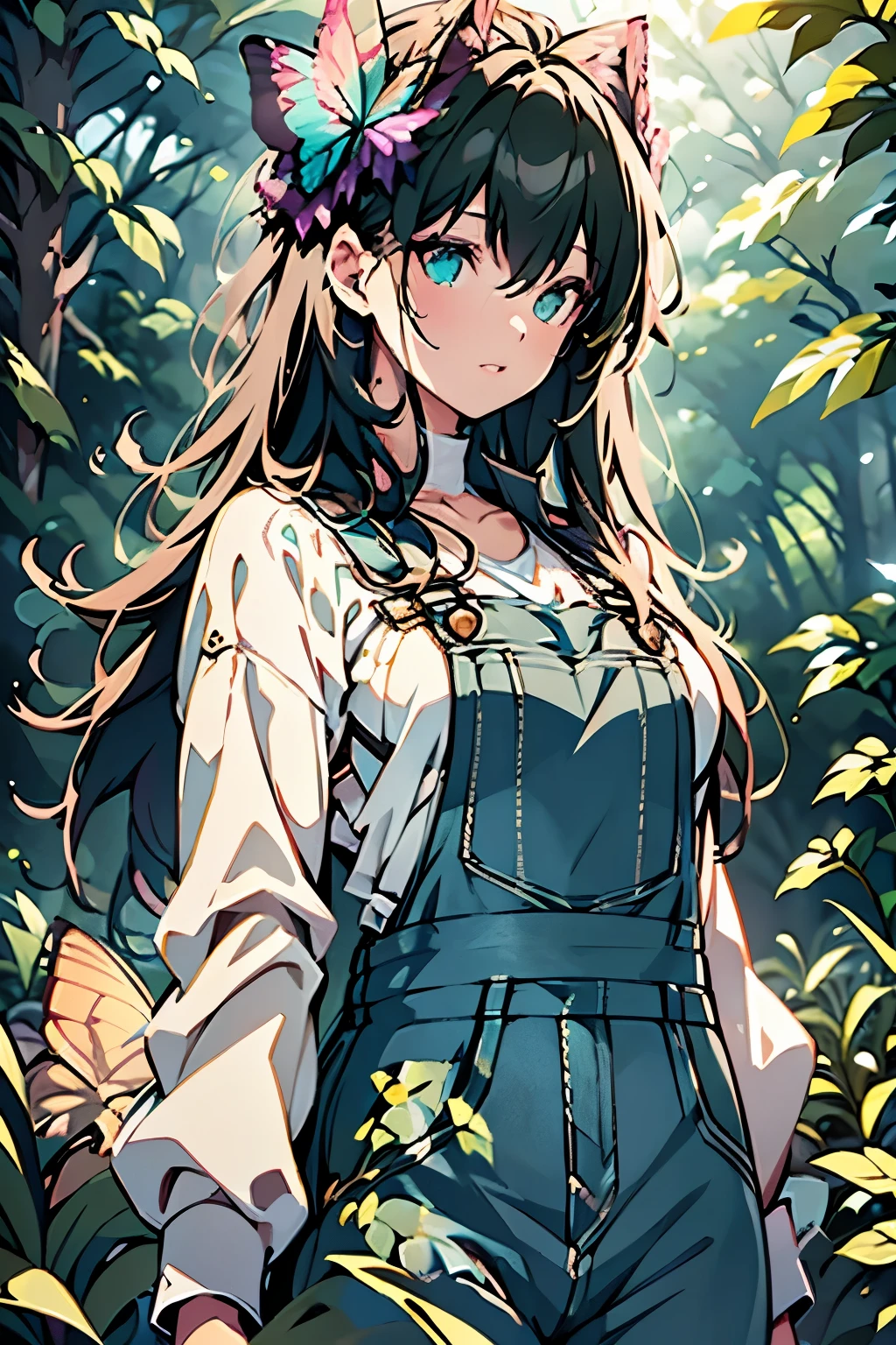 a girl in overalls, beautiful detailed eyes, beautiful detailed lips, extremely detailed face, longeyelashes, standing in a lush green forest with sunlight filtering through the leaves, intricate detailed foliage, detailed mossy rocks, detailed butterflies flying around, photorealistic, 8k, high quality, cinematic lighting, vibrant colors, warm color palette