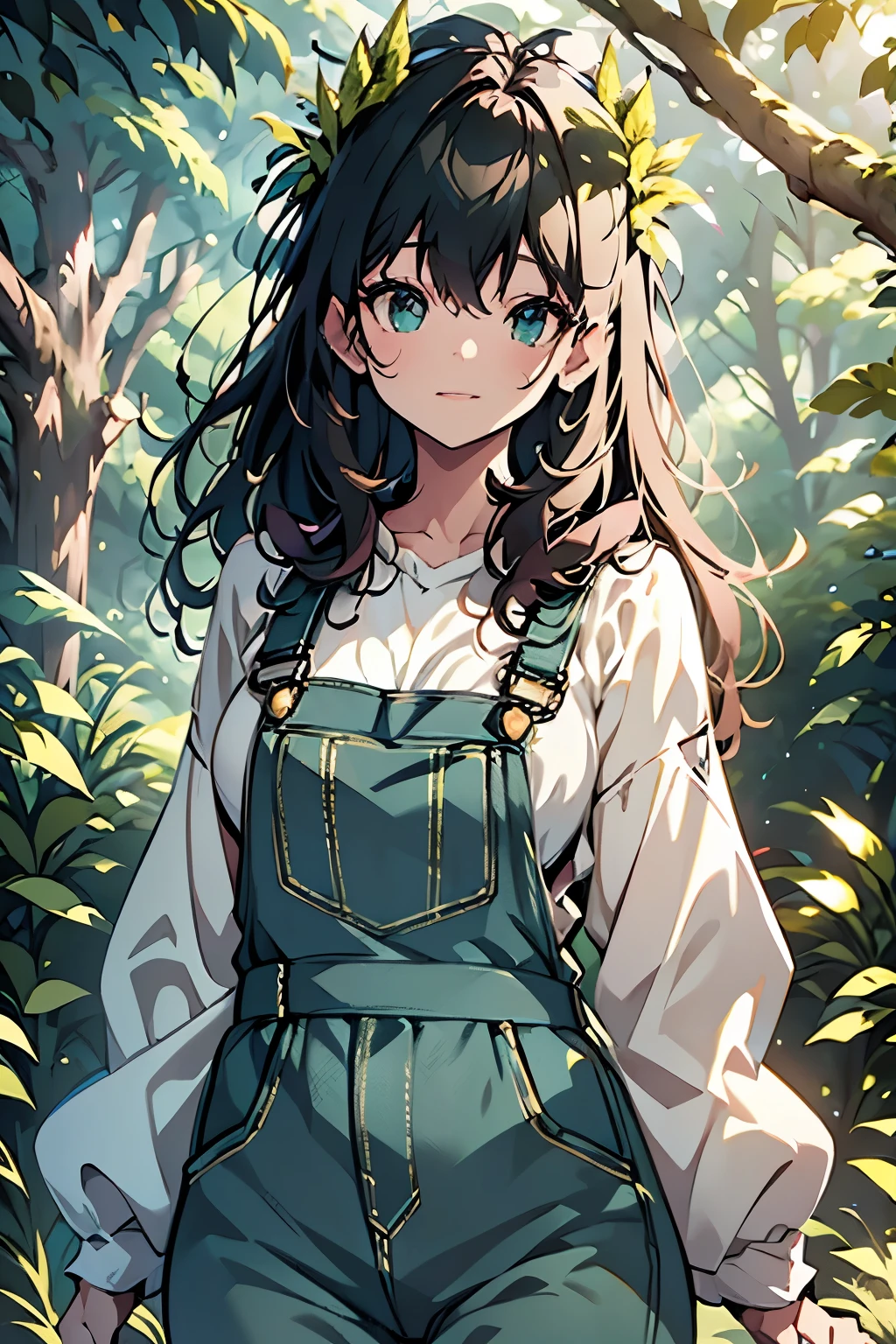 a girl in overalls, beautiful detailed eyes, beautiful detailed lips, extremely detailed face, longeyelashes, standing in a lush green forest with sunlight filtering through the leaves, intricate detailed foliage, detailed mossy rocks, detailed butterflies flying around, photorealistic, 8k, high quality, cinematic lighting, vibrant colors, warm color palette