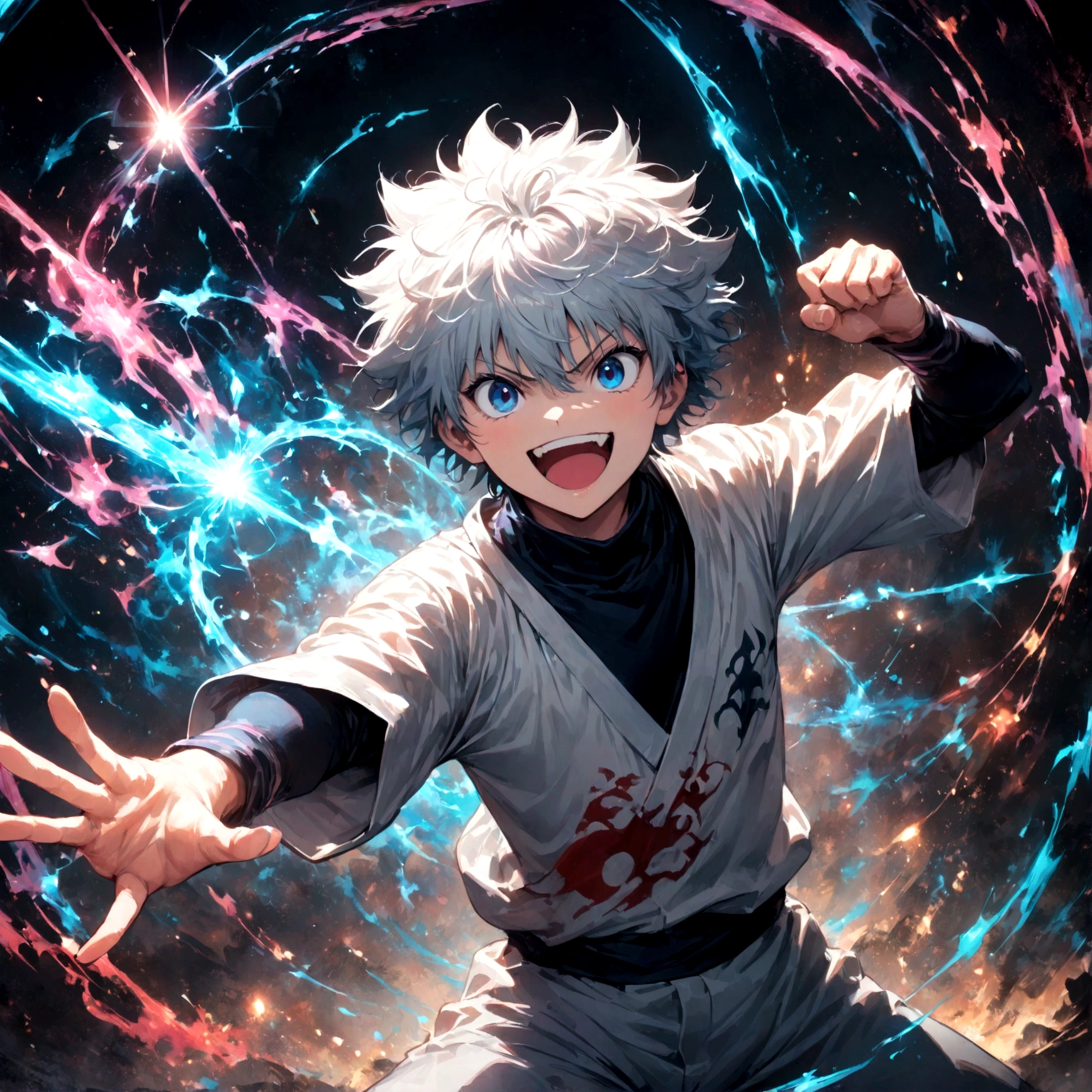 1 ager,Killua,Hunter x Hunter,Killuaの衣装,Yo-yo,Sui Ishida's painting style,Intricate details,Use black and white as your main colors,Decadent,artwork,rendering,Dynamic Pose,(masterpiece:1.3),(highest quality:1.4),(ultra detailed:1.5),High resolution,extremely detailed,unity 8k wallpaper,Dark fantasy,Brush strokes,Glare,Battle Style,Crazy smile