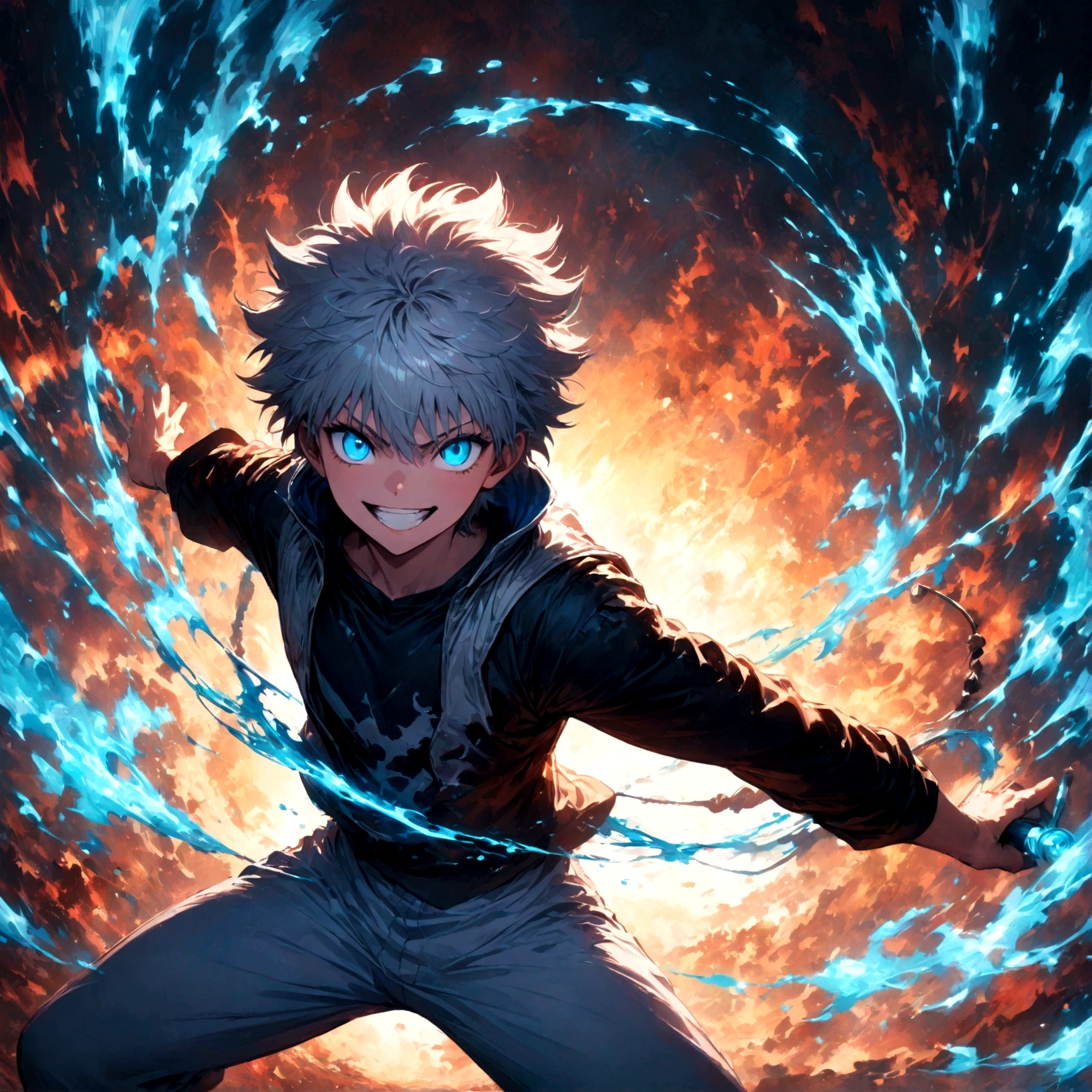 1 teenager,Killua,Hunter x Hunter,Killuaの衣装,Yo-yo,Sui Ishida's painting style,Intricate details,Use black and white as your main colors,Decadent,artwork,rendering,Dynamic Pose,(masterpiece:1.3),(highest quality:1.4),(ultra detailed:1.5),High resolution,extremely detailed,unity 8k wallpaper,Dark fantasy,Brush strokes,Glare,Battle Style,Crazy smile
