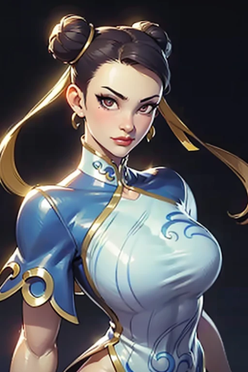 chun-li, from street fighter,(Large Breasts:1.5),Dynamic poses, completely open her chest,Big breasts,Super perfect body curve, Headband, Double bun, S-Shaped Body,Anime Grandma (18 years old)- Hot Dad - Flirty - Body Language, Suitable for body shape, Not a good smile,gorgeous perfect face, Photorealistic style and ultra-detailed rendering, Surrealism,Kawaii, Brush, Surrealism油画, Contour shading - (Waiting to begin)