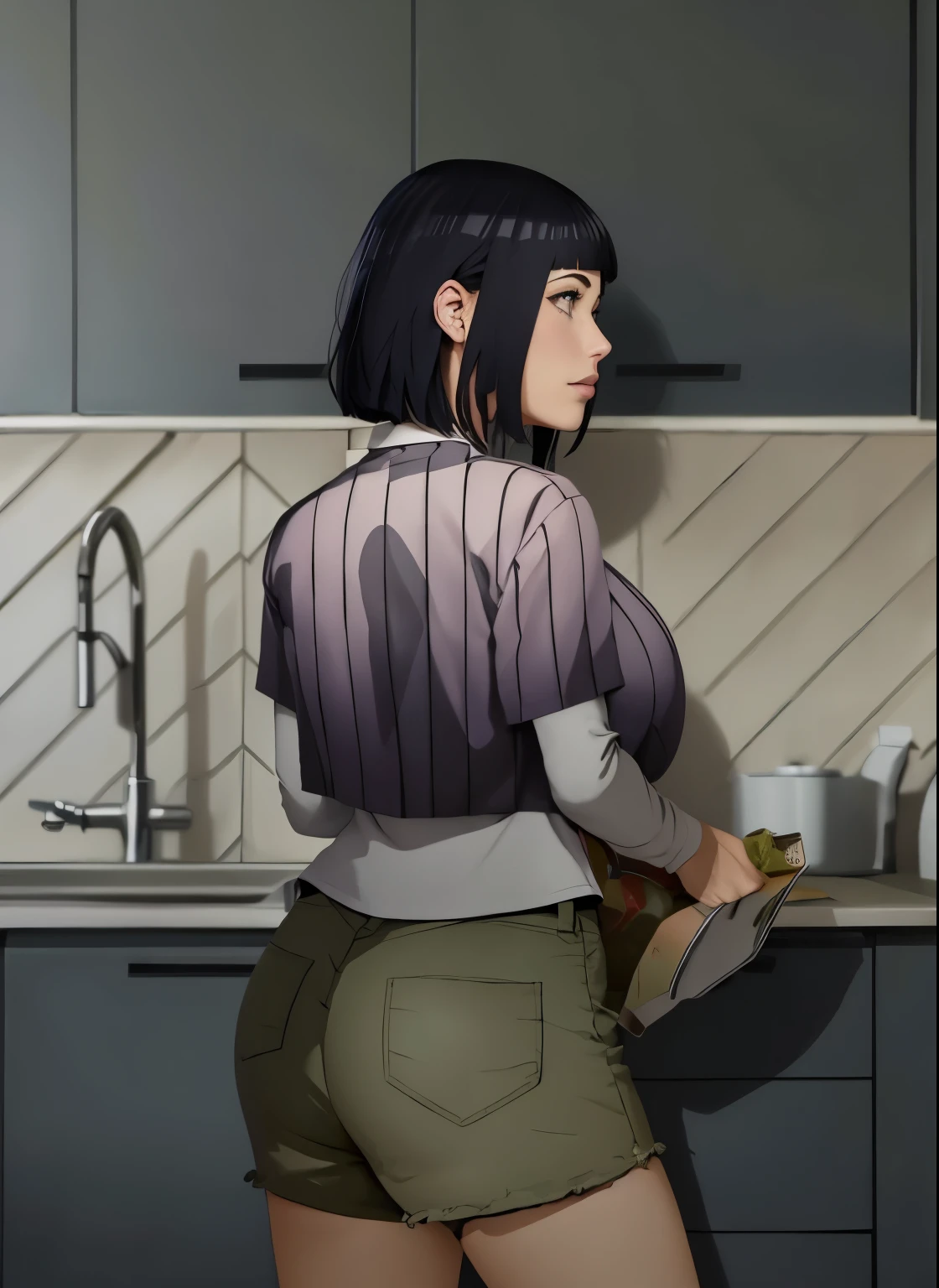 parte mestre, absurdos, Hinata\(boruto\), 1 garota, Sozinho,mulher madura, capuz roxo,mangas em camadas, short jeans marrom sexy, ao ar livre, cloudy sky, perfect composition, circumstantial lips, peito grande, Bonito rosto, Body Proportion, corar, (pink lips), pelo negro corto (PELO NEGRO), olhos lilases, smooth appearance, super realista, circunstanciado, photoshoot, rosto e corpo realistas, cabelo realista, olhos realistas, nariz realista, realistic lips, jeans marrom, animado, dancing lightly. nas suas costas, com o queixo sob o ombro, looking back sensually, sorriso sexy, boca cerrada. pose diferente.