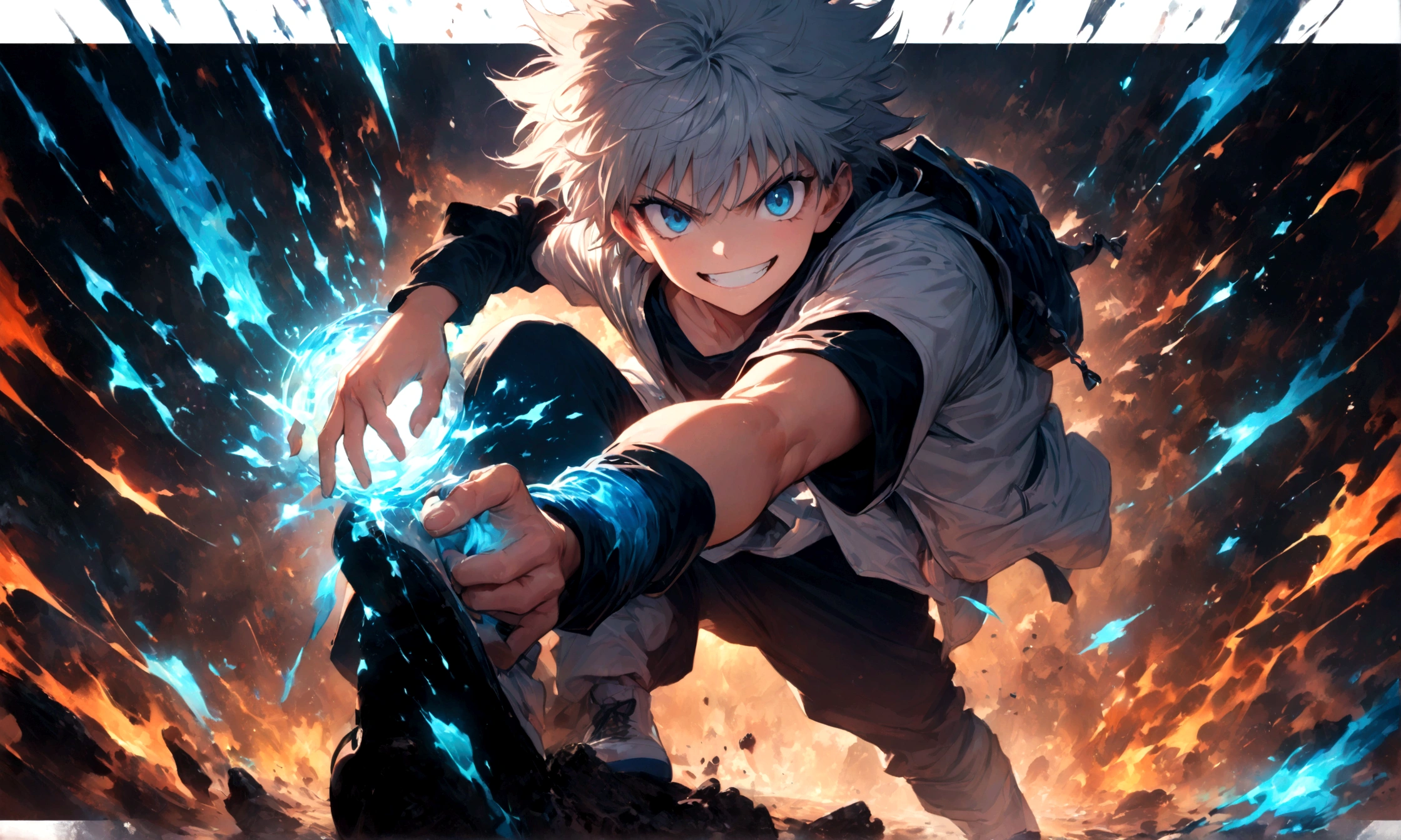 1 teenager,Killua,Hunter x Hunter,Killuaの衣装,Yo-yo,Sui Ishida's painting style,Intricate details,Use black and white as your main colors,Decadent,artwork,rendering,Dynamic Pose,(masterpiece:1.3),(highest quality:1.4),(ultra detailed:1.5),High resolution,extremely detailed,unity 8k wallpaper,Dark fantasy,Brush strokes,Glare,Battle Style,Crazy smile
