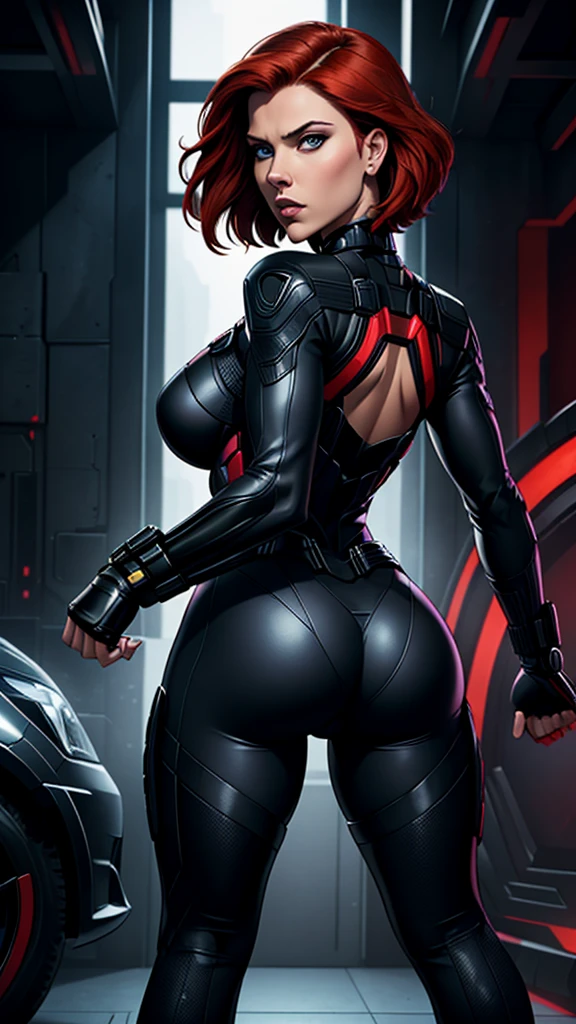 Scarlett Johansson, in her iconic role as Black Widow (Natasha Romanoff), is depicted wearing her sleek, black tactical suit, which accentuates her agility and strength. Her red hair is Short hairstyle classic bob haircut, adding a touch of elegance to her fierce persona. As she looks back over her shoulder, her intense, piercing eyes convey a mix of determination and alertness. The pose highlights her readiness for action, capturing the essence of her character's blend of grace and lethal skill. The scene often shows her in a dynamic environment, ready to face whatever comes next, embodying the essence of a seasoned Avenger, Back view(focus on her thick buttcheeks and thighs).(Full body view).