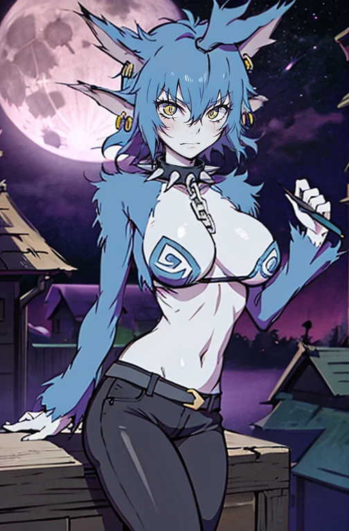 best quality  1girl HWolfie, spiked collar, earrings, chain, leather pants, night, howling, full moon