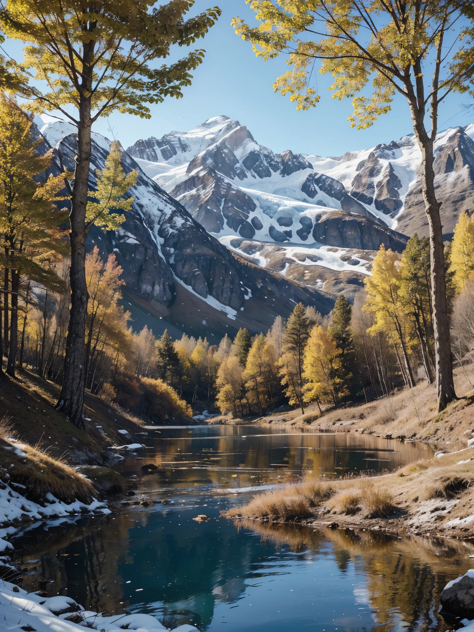 Please create a high-quality image with advanced levels of detail in a cinematic style, with realistic details. The scene should feature a landscape of snow-capped mountains, a glacier-blue lake, and some autumnal trees with yellow leaves.