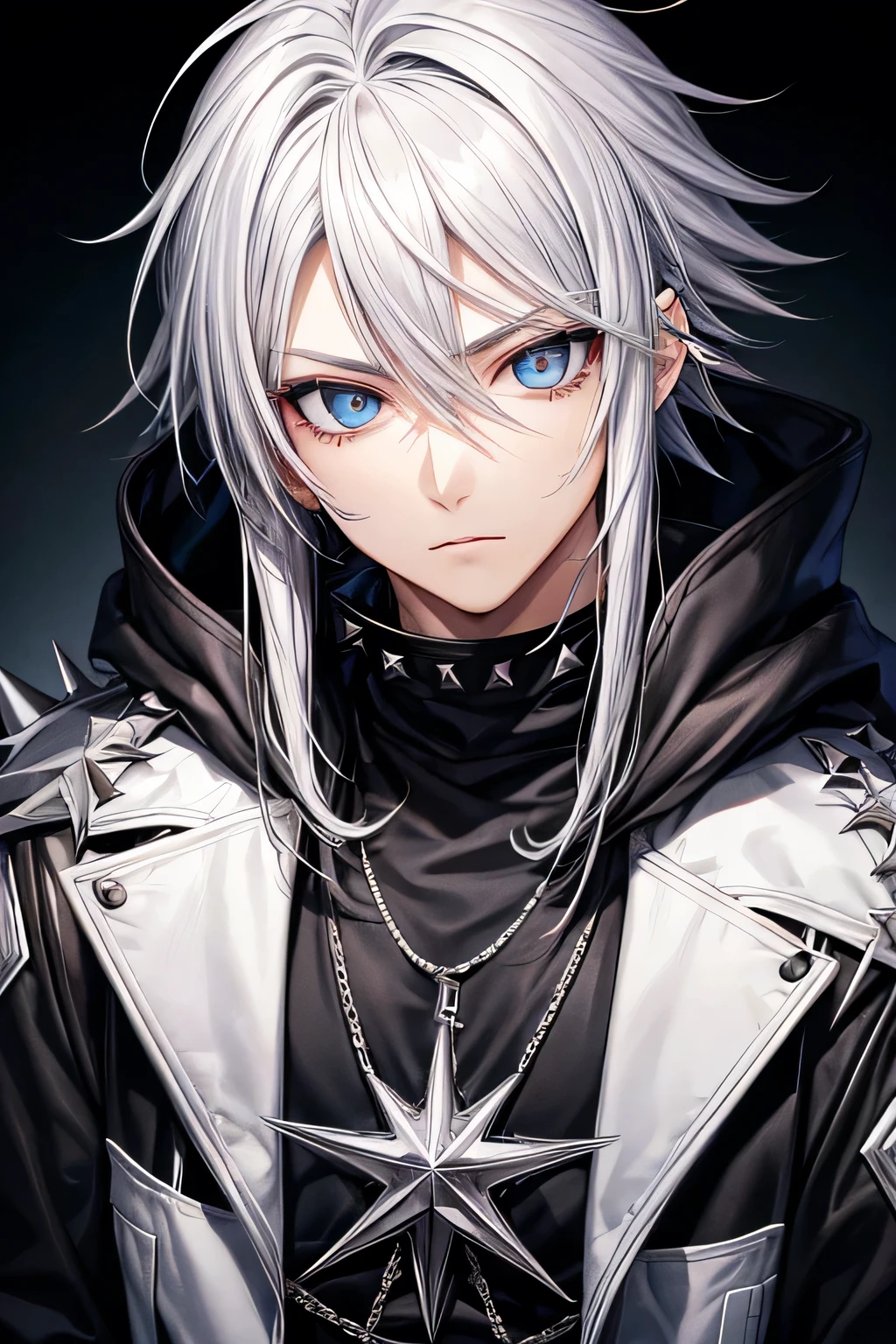 handsome man,Visual Kei,Silver Hair,Spiky Hair,Black hoodie,Jewelry Eye,16K,Beautiful Eyes
