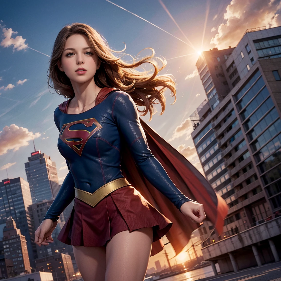 solo, 1girl, m3l1ss, supergirl, brown hair, s0p3r6m3l1s4-smf, blue eyes, blue bodysuit, red cape, realistic,, animification, skirt, flying, buildings, sky, clouds, sun light, hands behind back