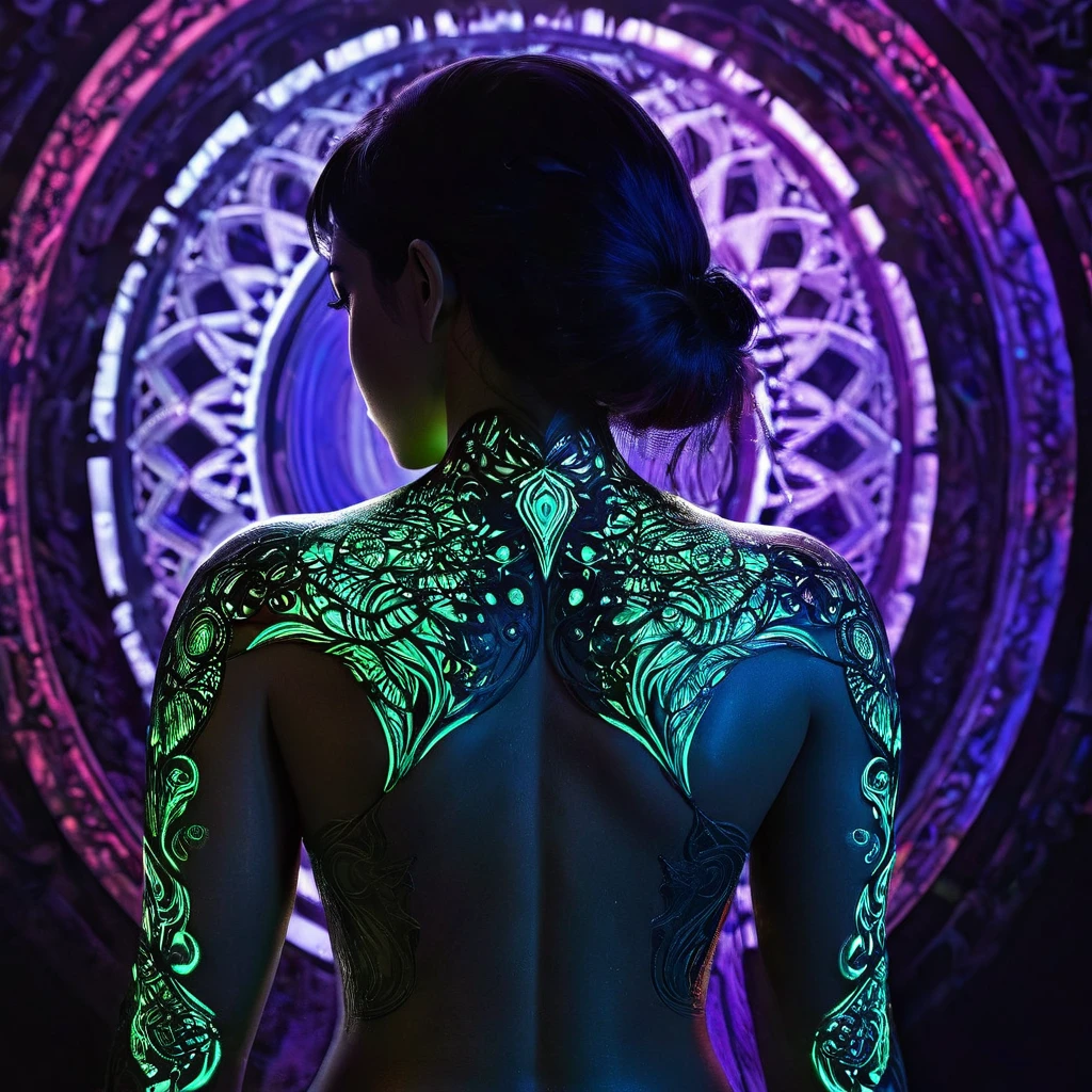 A reference to Christopher Bucklow. back view.  Luminescent tattoo and mercury reflective body art adorns elf princess with intricate geometry, colorful blur emanating neon light, sharp eyeliner, eye shadows detailing vibrant eyes, set against the dark allure of black light art, shadows, highlights play across a charming silhouette, body curves subtly reflected, allure of skin art in sublime darkness, enchanting fantasy elements interwoven, ultra-detailed 8K resolution, neon ambiance, abstract black oil backdrop, grunge texture, complex gear mecha aesthetics, rendered in Unreal Engine, neon ambiance, abstract black oil, gear mecha, detailed acrylic, grunge, intricate complexity, rendered in unreal engine, photorealistic