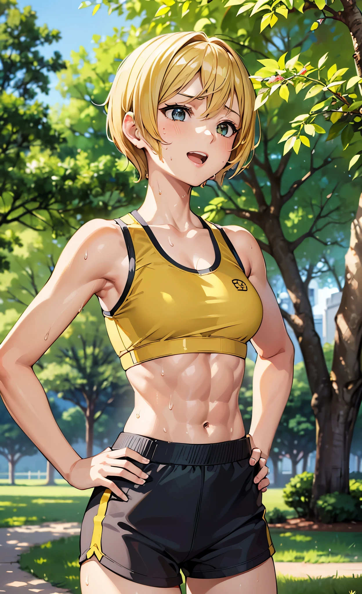 masterpiece, best quality, ultra detailed, ultra high resolution, very detailed face, anime, from bottom angle, ((solo)), (((girl, golden short hair))), ((sports bra)), medium breast, slender body, (six pack abs:1.20), ((sweat)), little smile, open mouth a bit, under the shade of a tree in a park