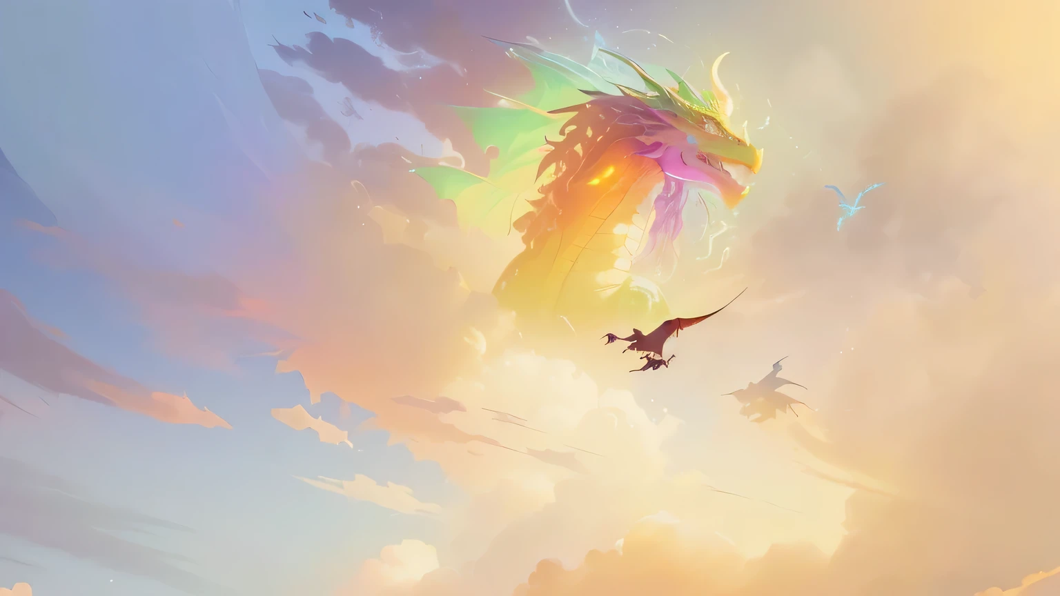 there is a bird flying in the sky with a rainbow colored background, dragon flying in the sky, dragon flying in sky, giant dragon flying in the sky, dragon flying in the background, dragon in the sky, painting of wild hunt in the sky, godrays digital painting, dragon flying, colorful concept art, concept art | rhads, fantasy digital painting