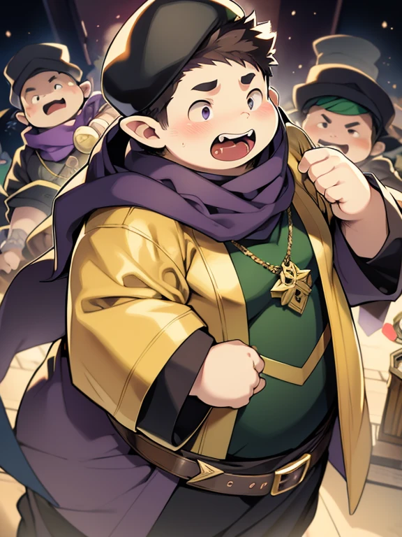 cute，fat Boy，Black hat with gold brim，Light brown short hair，Purple scarf，Black eyes，Light green and black priest robes，Elf ears，overweight，Pink nose，Confused expression，Fangs，
