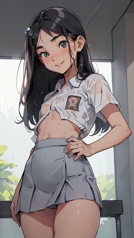 best quality,masterpiece,1girl,solo,(((NSFW))),(((9years old))),japanese girl,an extremely cute and beautiful girl,highly detailed beautiful face and eyes,petit,cute face,lovely face,baby face,shy smile,show teeth,black hair,medium long hair,Hairless pussy,flat chest,skinny,slender,(((wearing a very wet white short shirt and wet transparent grey short skirt))),(((standing in a study room))),she is looking at the viewer,hands lift up dress,(upskirt above the waist:1.1),(no panties:1.1),(legs spread wide:1.1),(no bra:1.1)