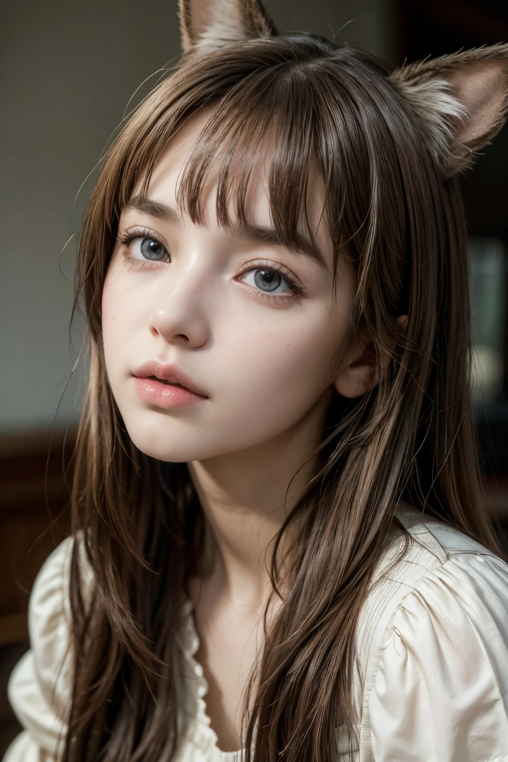 a beautiful girl with dog ears, long messy brown hair, head tilted, (best quality,4k,8k,highres,masterpiece:1.2),ultra-detailed,(realistic,photorealistic,photo-realistic:1.37), intricate, detailed portrait,8K,((masterpiece)), ((best quality)), (ultra-detailed), High detail, professional photograph, highest quality, floating hair, beautiful detailed, (((realistic))), hyper realistic character,natural lighting ,beautiful detailed eyes,1girl, solo,blunt bangs, realistic, Polka-dot blouse,(big tits),upper half of body