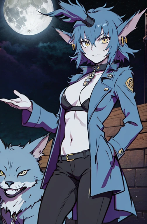 Wolfie, leather pants, trench coat, smile